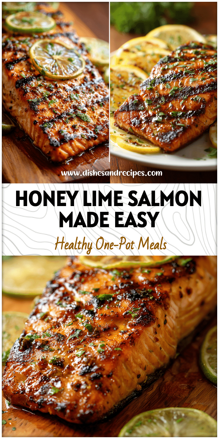 Honey lime grilled salmon fillet on a plate with lemon slices and herbs, a fresh Easy Grilled Salmon Meal.